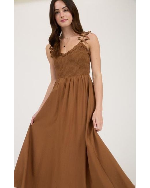 Blu Pepper Brown Bow Strap Smocked Fit & Flare Midi Dress