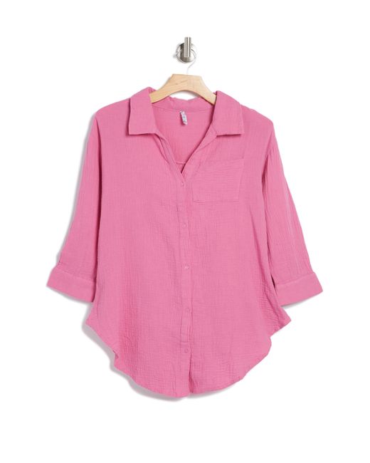 Boho Me Pink Three Quarter Sleeve Cotton Gauze Button-up Shirt