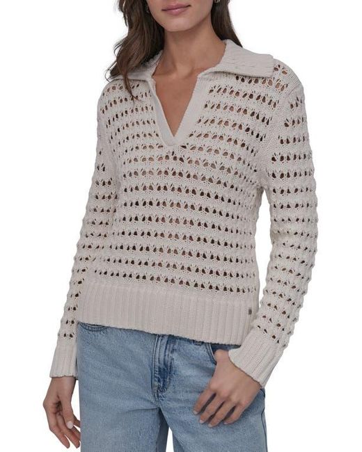 DKNY Gray Johnny Collar Open Stitch Cotton Blend Sweater