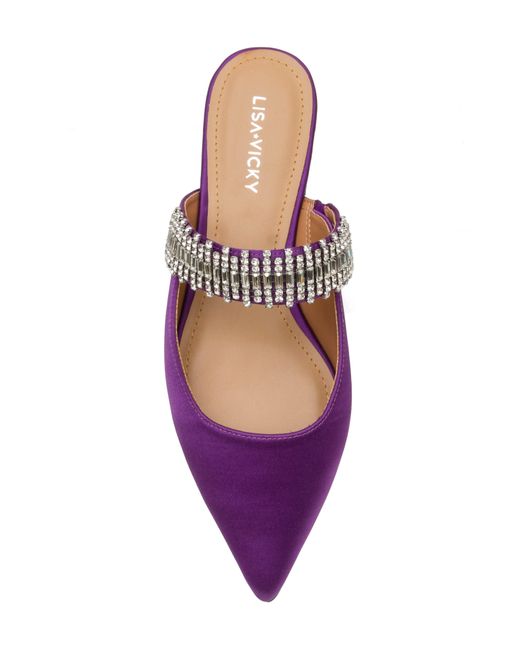 Lisa Vicky Purple Move Crystal Embellished Pointed Toe Satin Flat