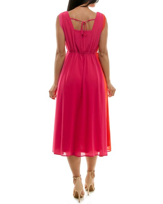 Nina Leonard Red Sleeveless Colorblock Chiffon Dress