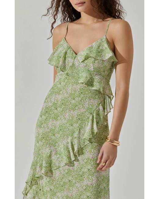 Astr Green Floral Ruffle Handkerchief Hem Midi Dress