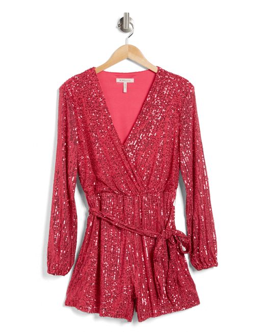 BCBGeneration Red Long Sleeve Sequin Faux Wrap Romper