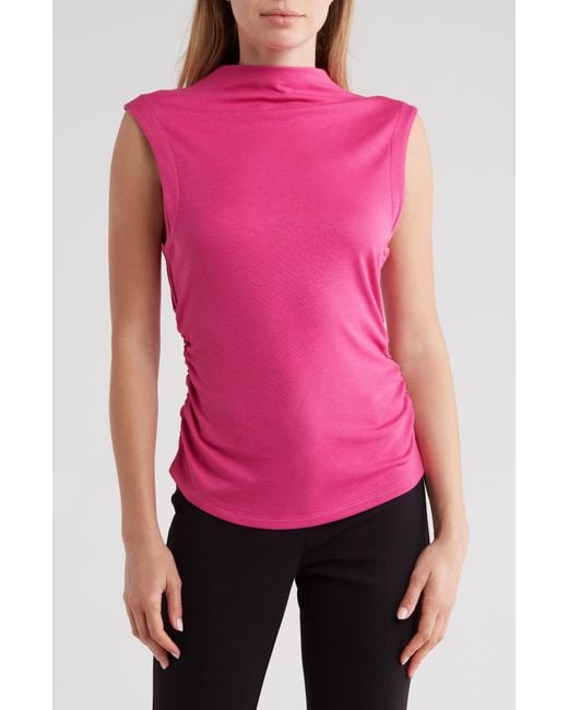 French Connection Pink Toni Long Sleeve Ruched Mesh Button-up Top