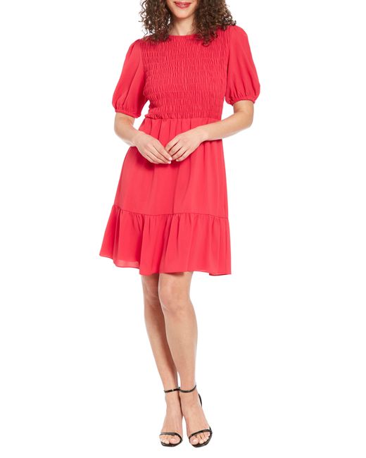 London Times Red Smocked Puff Sleeve Dress
