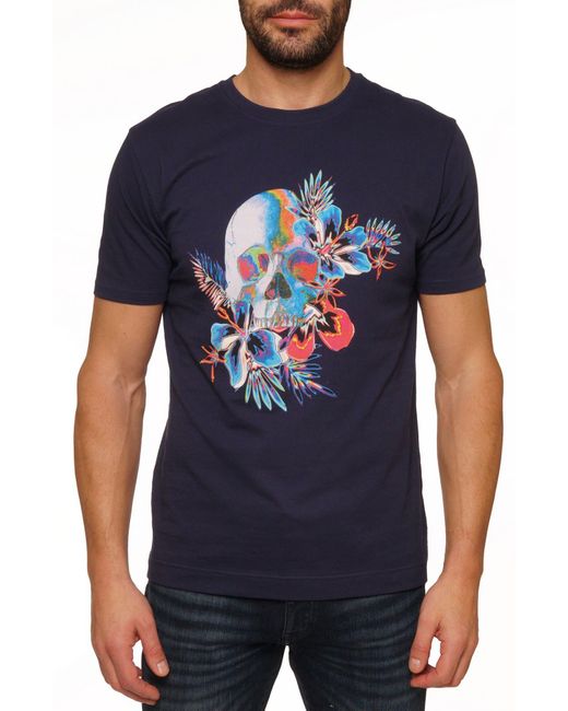 Robert Graham Blue Tropical Skull Graphic T-shirt for men