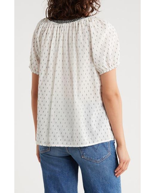 Lucky Brand White Embroidered Puff Sleeve Cotton Blend Top