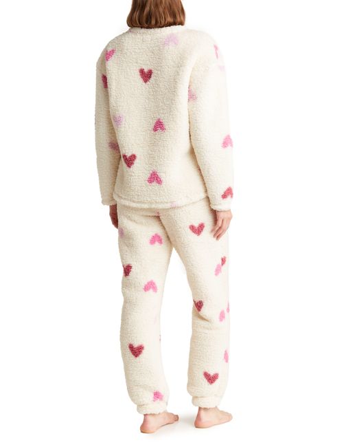 Splendid Heart Print Faux Shearling Long Sleeve Top & Joggers Pajamas in  Natural