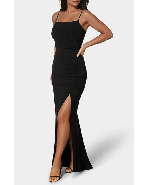 Bebe Black Ruched High Slit Maxi Dress