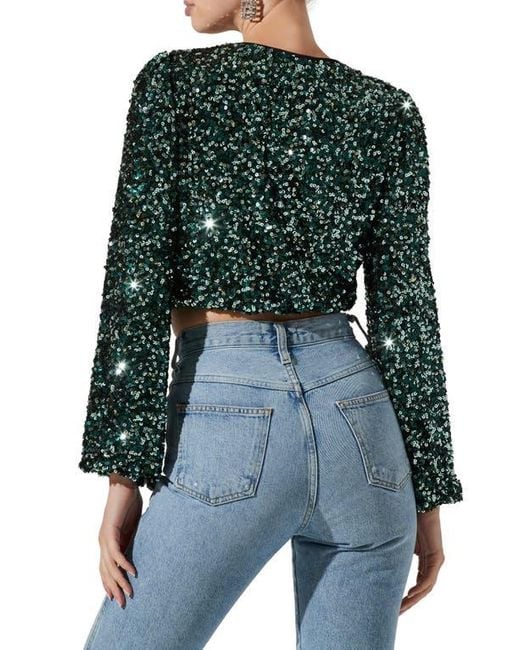 Astr Blue Nix Twist Sequin Crop Top