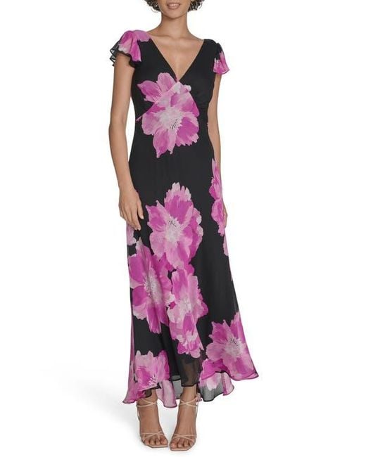Calvin Klein Purple Floral Flutter Sleeve Chiffon Maxi Dress