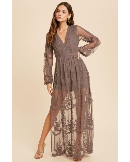 Wishlist Brown Floral Embroidered Long Sleeve Maxi Dress