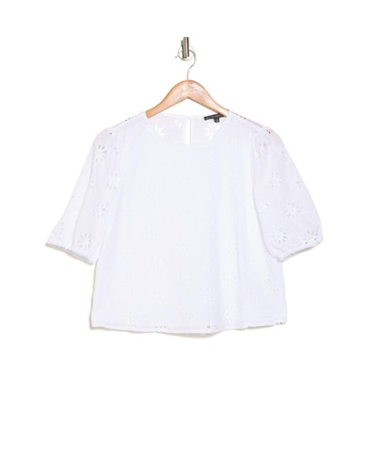Adrianna Papell White Floral Eyelet Puff Sleeve Crop Top
