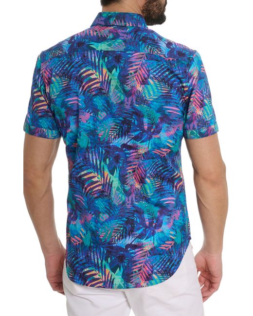 Robert Graham Blue Tropical Print Short Sleeve Shirt for men