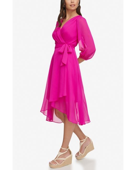 DKNY Pink Balloon Sleeve Faux Wrap Dress
