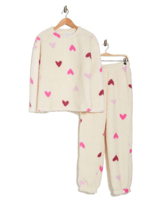 Splendid Natural Heart Print Faux Shearling Long Sleeve Top & Joggers Pajamas