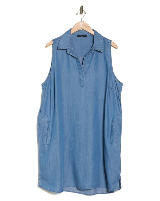 Tahari Blue Split Neck Sleeveless Chambray Dress
