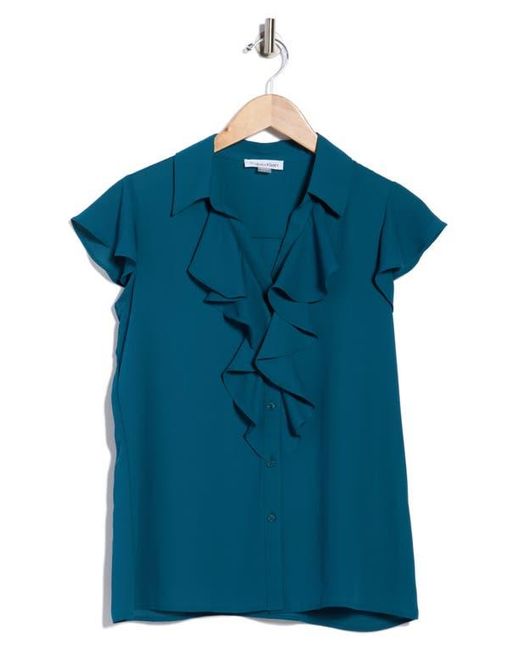 Calvin Klein Blue Cap Sleeve Ruffle Front Button-Up Shirt
