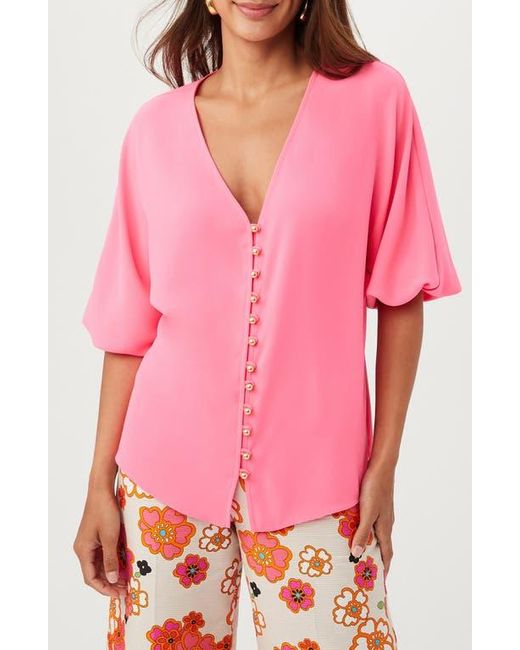 Trina Turk Pink Sail Puff Sleeve Button-Up Top