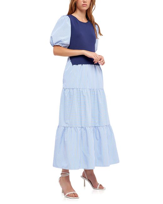 English Factory Blue Stripe Mixed Media Maxi Dress
