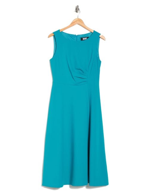 DKNY Blue Sleeveless Ruched A-line Midi Dress