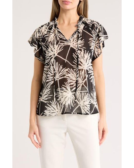 Pleione Black Flutter Sleeve Split Neck Top