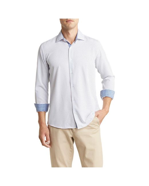 Azaro Uomo White Slim Fit Geometric Print Performance Button-Up Shirt for men