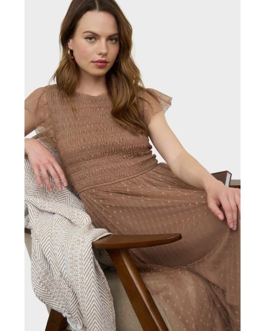 Blu Pepper Brown Smocked Flutter Sleeve Midi Dress