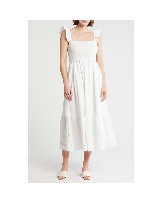 Blu Pepper White Smocked Eyelet Midi Sundress