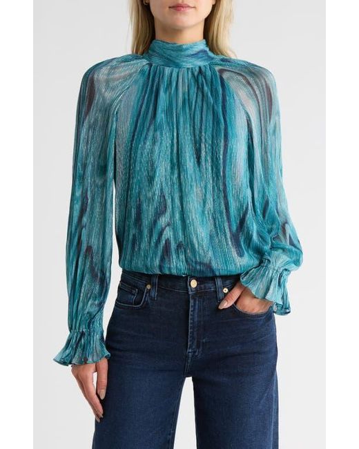 Ramy Brook Blue Anneli Metallic Thread Mock Neck Long Sleeve Top