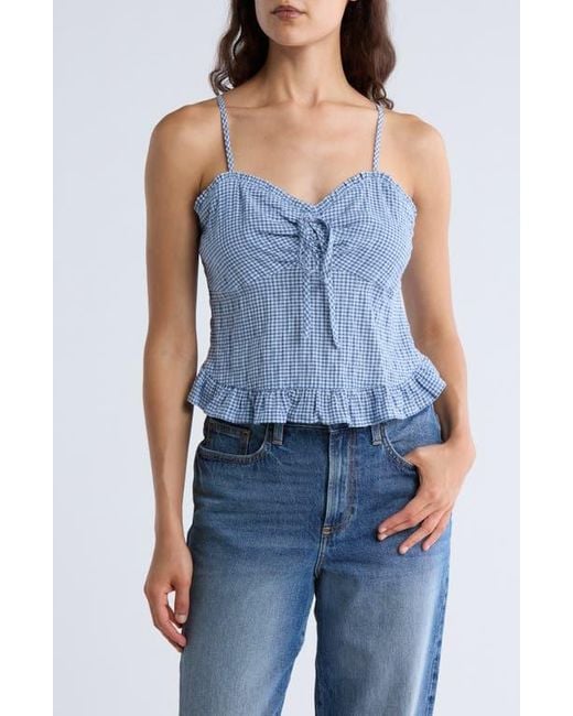 Melrose and Market Blue Cinch Tie Front Ruffle Hem Top