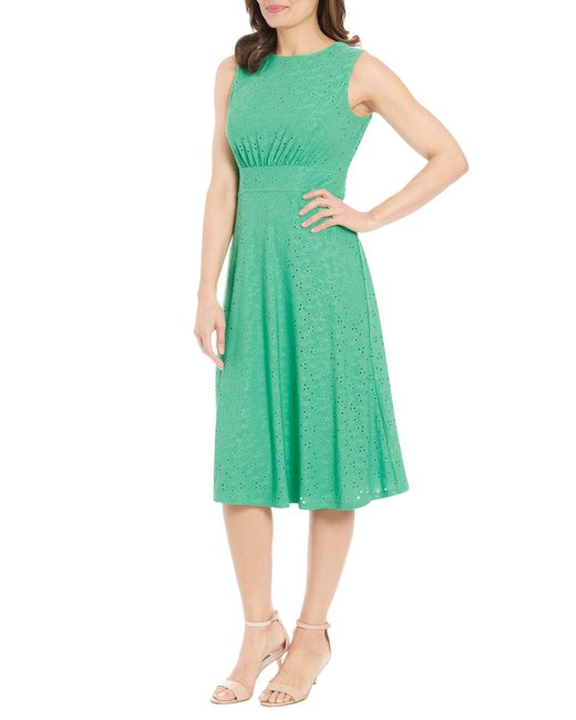 London Times Green Eyelet Jersey Sleeveless Midi Dress