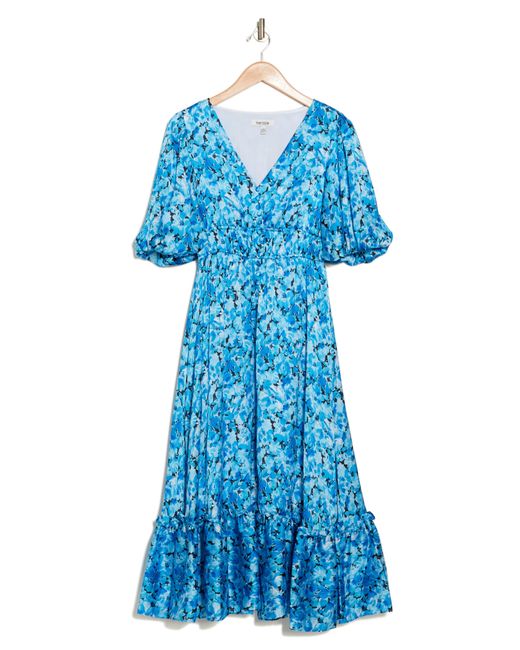 Kensie Blue Floral Puff Sleeve Midi Dress