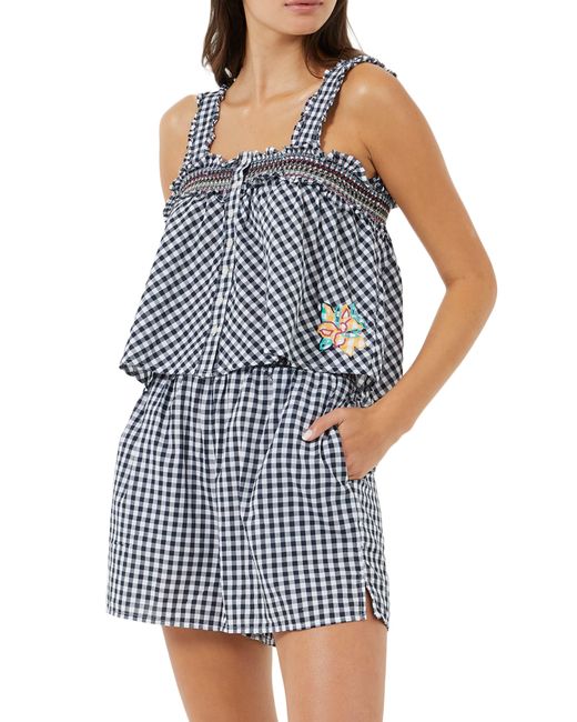 French Connection Blue Adla Gingham Smocked Top