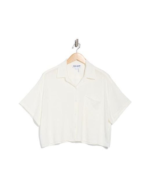 DKNY White Oversize Linen Blend Crop Button-Up Shirt