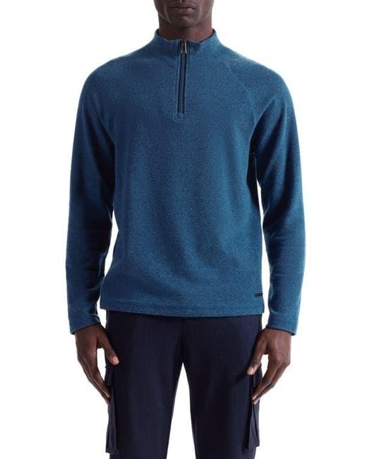 Bugatchi Blue Brushed Cotton Blend Quarter Zip Pullover for men