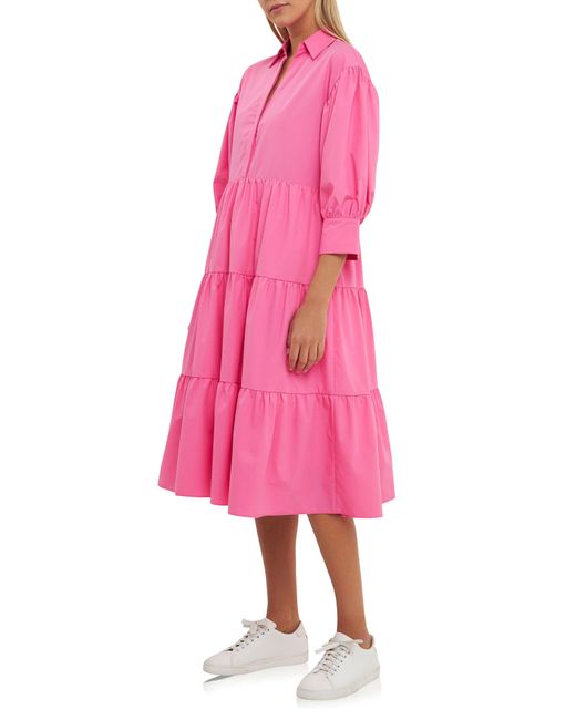 English Factory Pink Balloon Sleeve A-line Shirtdress