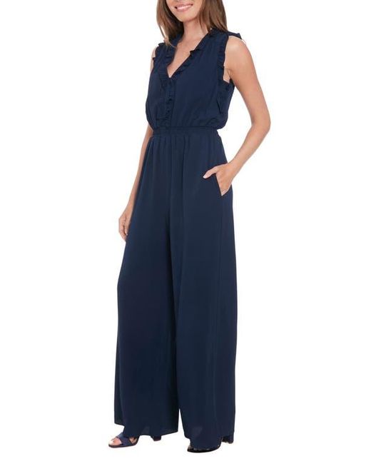 London Times Blue Ruffle Wide Leg Jumpsuit