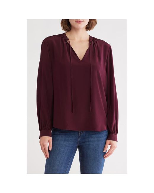 FRAME Purple Shirred Long Sleeve Silk Top