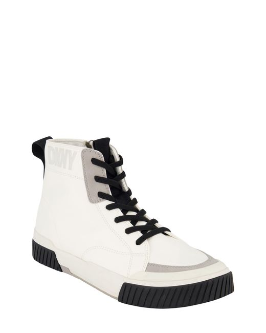 DKNY White Side Zip Hi Top Two Tone Branded Sole Logo Sneakers for men