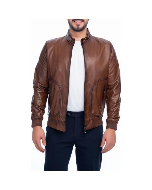 VELLAPAIS Brown Larue Leather Jacket for men