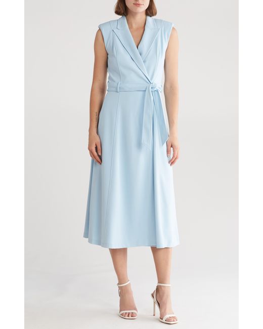 Calvin Klein Blue Belted Peak Lapel Wrap Midi Dress
