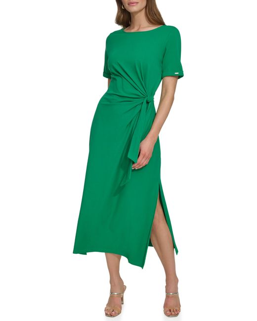 DKNY Green Wrap Detail Stretch Cotton Midi Dress