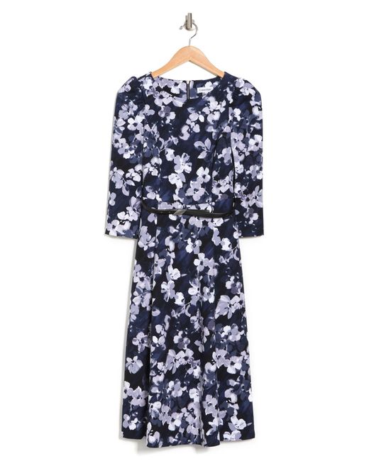 Calvin Klein Floral 3/4 Belted Midi Dress in Blue - Lyst