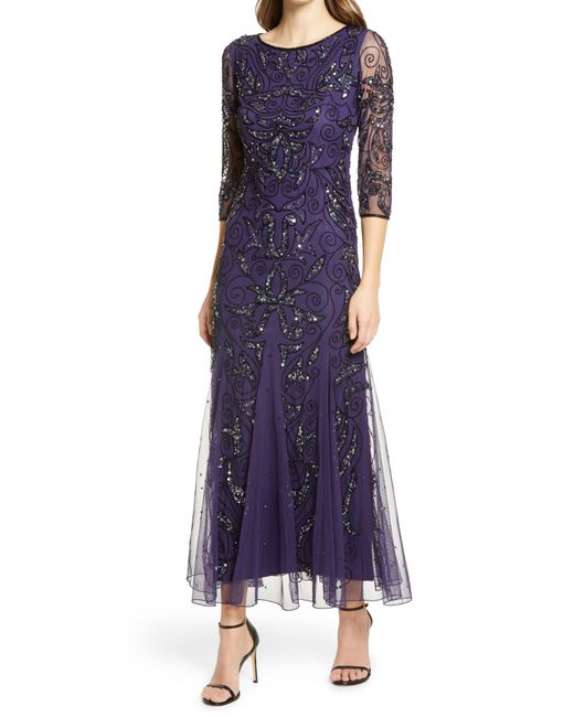 Pisarro Nights Blue Illusion Sleeve Beaded A-line Gown In Midnight At Nordstrom Rack