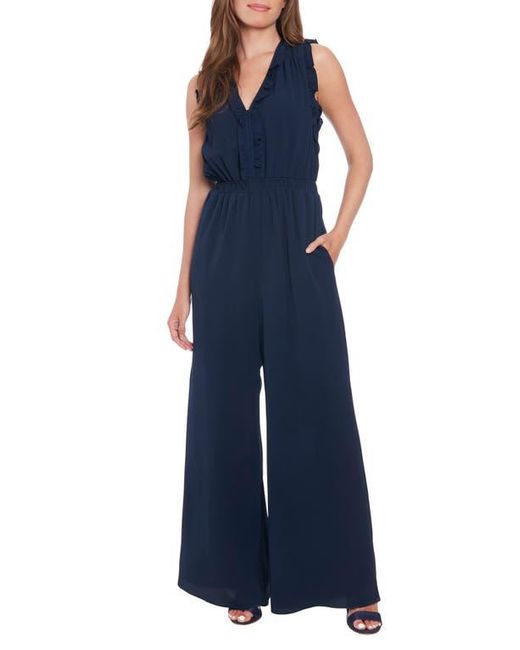 London Times Blue Ruffle Wide Leg Jumpsuit