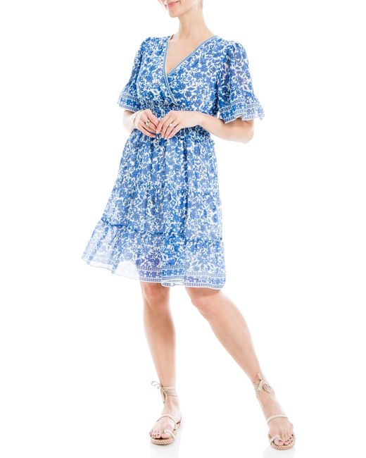 Max Studio Blue Georgette Ditsy Floral Print Tiered Dress