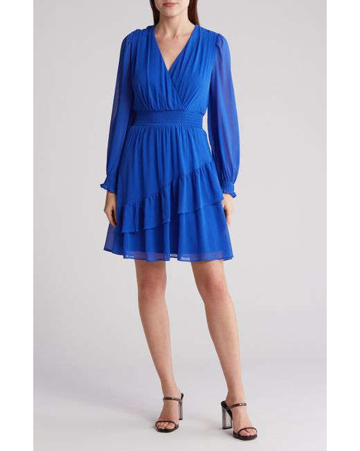 DKNY Blue Smocked Long Sleeve Dress