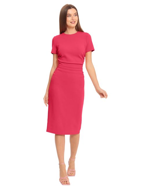 Maggy London Red Ruched Short Sleeve Midi Dress