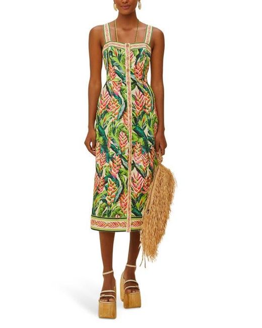 heli leaves button front linen midi dress FARM Rio Heli Leaves Button Front Linen Midi Dress in Yellow